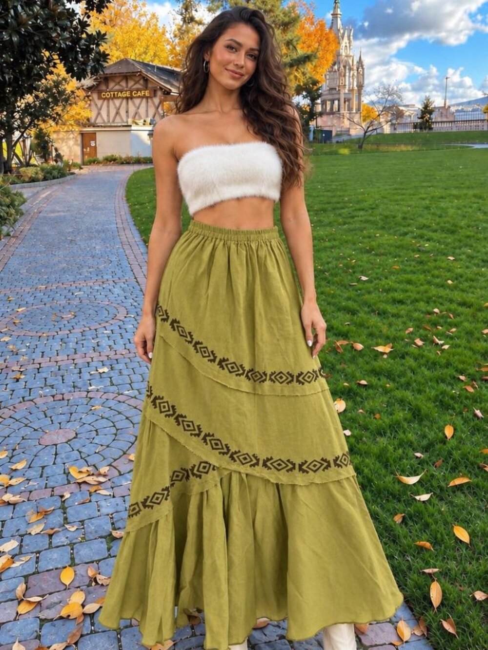 Thearah Green Organic Cotton Maxi Skirt, Cascading Panels and Geometric Borders